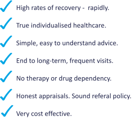 High rates of recovery -  rapidly.  True individualised healthcare.  Simple, easy to understand advice.  End to long-term, frequent visits.   No therapy or drug dependency.  Honest appraisals. Sound referal policy.  Very cost effective.